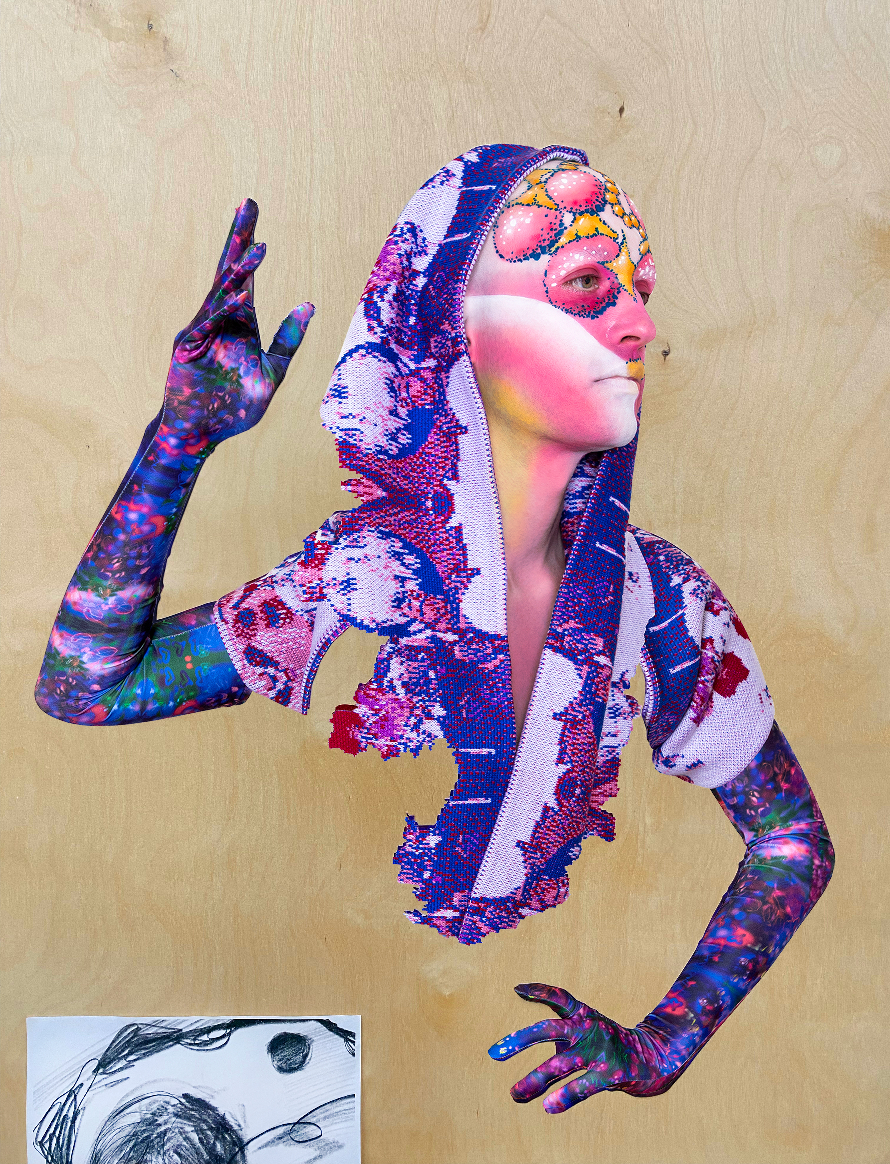 Vinyl cutout of Jesse in colorful makeup collaged onto a wooden board